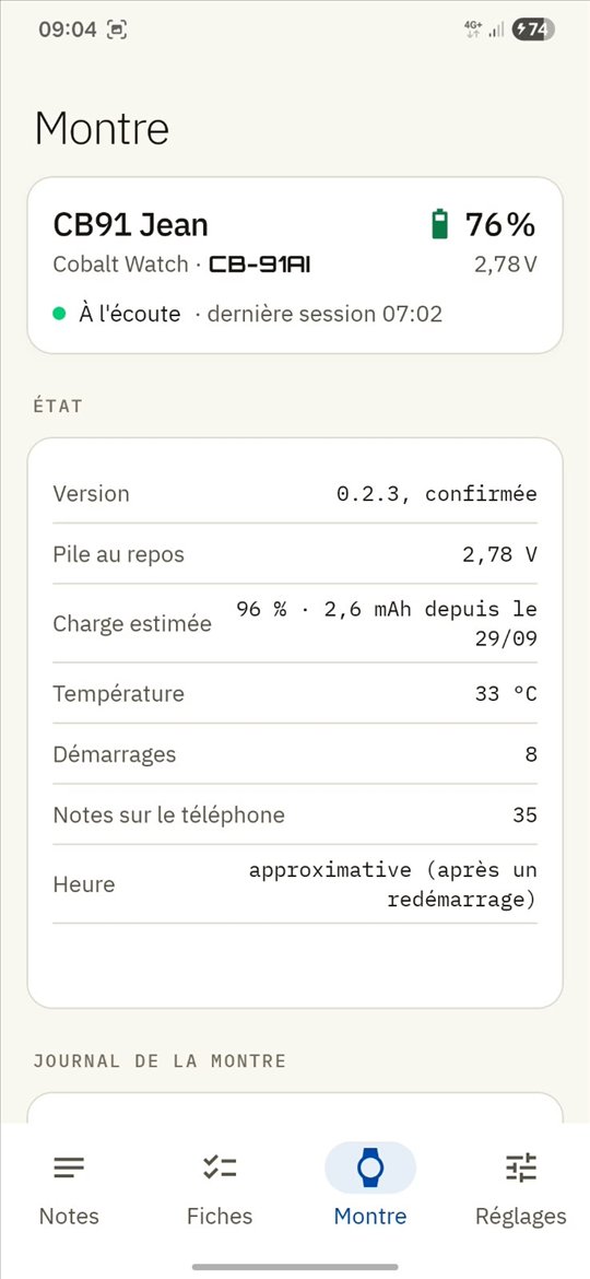 Screenshot of Cobalt Agent: the Watch screen, with the cell charge, the version and the temperature.