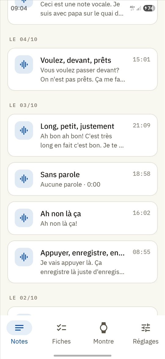 Screenshot of Cobalt Agent: the list of voice notes, sorted by day, with their title and their transcription.