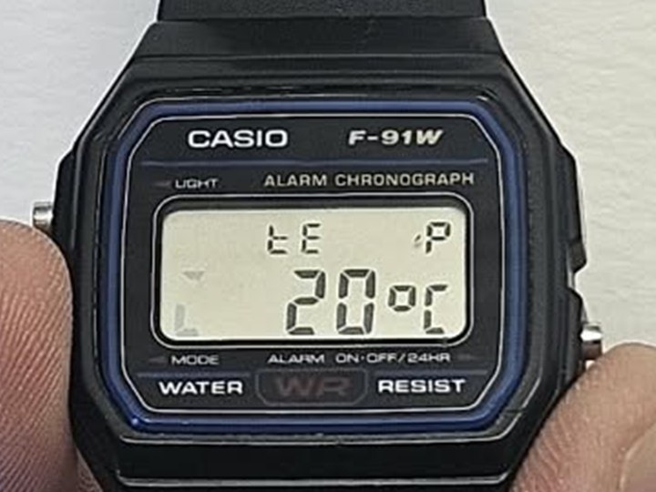 The watch's display shows a temperature of 20 °C.